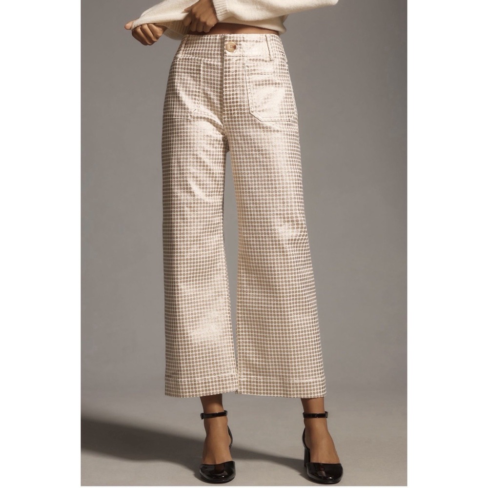 Anthropologie Maeve The Colette Cropped Wide Leg Pants 30P Gold Polka Dot